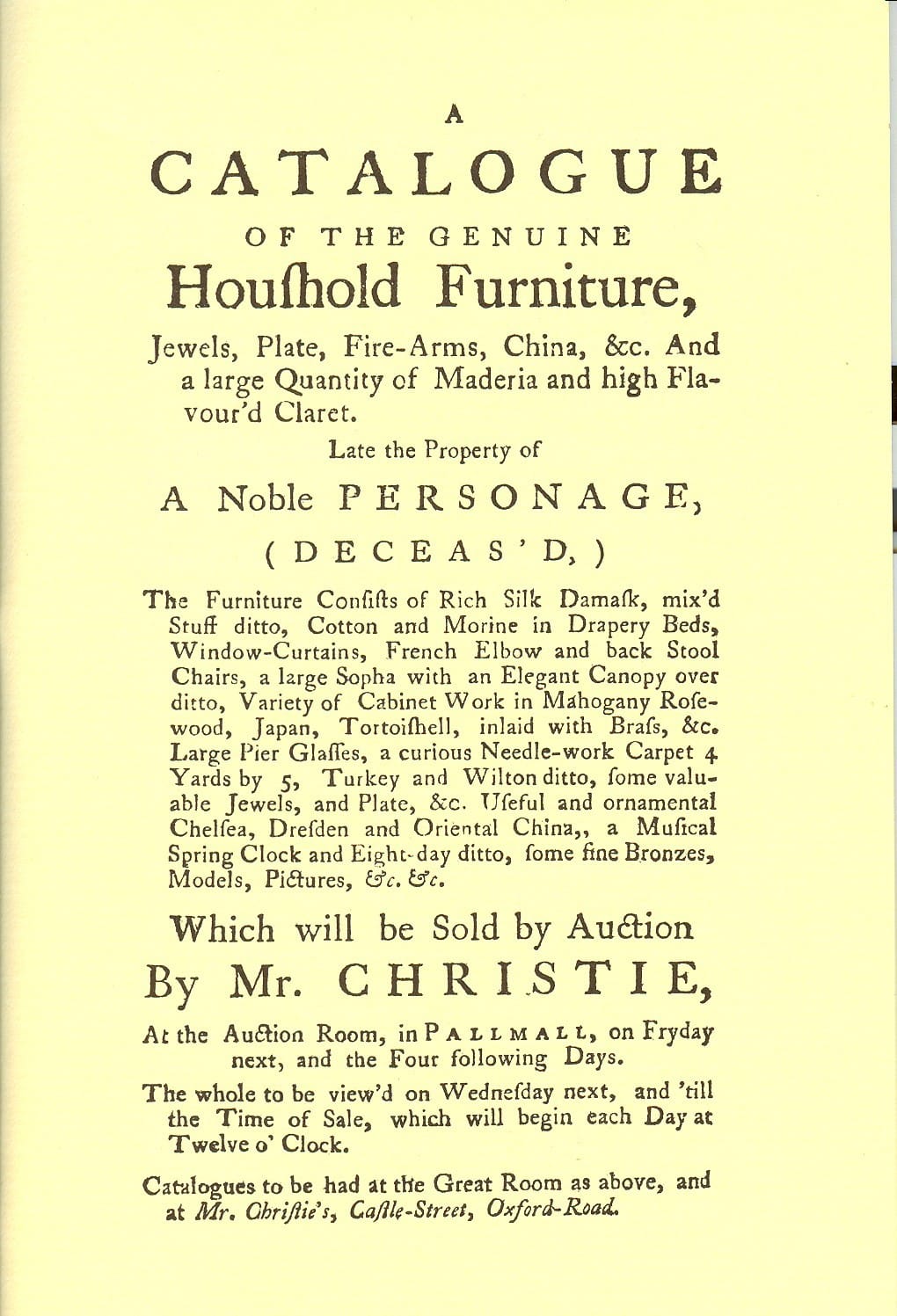 Die Anfänge des Hauses Mitte des 18. Jahrhunderts waren bescheiden. Hier ist eine Seite aus dem Auktionskatalog der allerersten Versteigerung am 5. Dezember 1766 zu sehen. Damals wurden sogar noch Schweine versteigert.