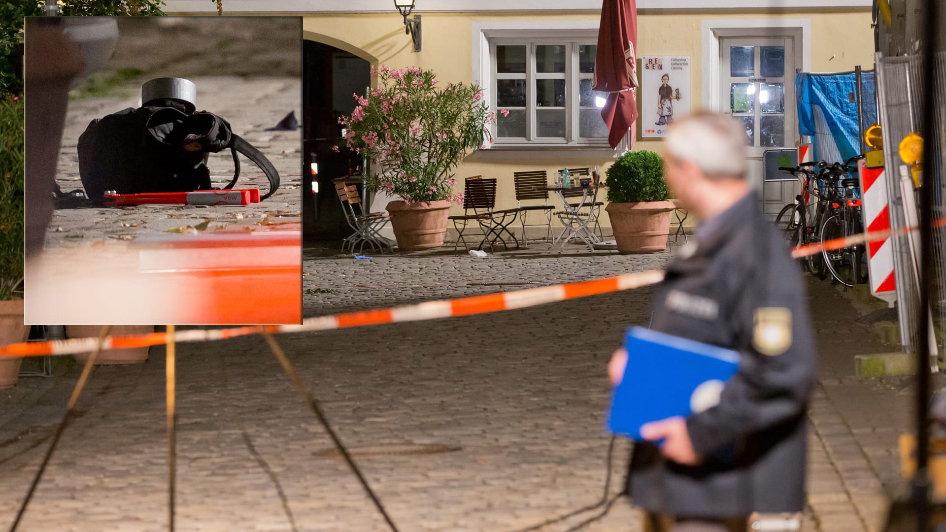 Am Tatort in Ansbach hat die Polizei einen Rucksack gefunden, der dem Täter gehört haben soll.