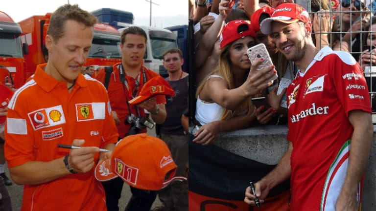 Deutsche Ferrari-Stars mit ihren Fans: Michael Schumacher (li.) 2004, Sebastian Vettel 2016.