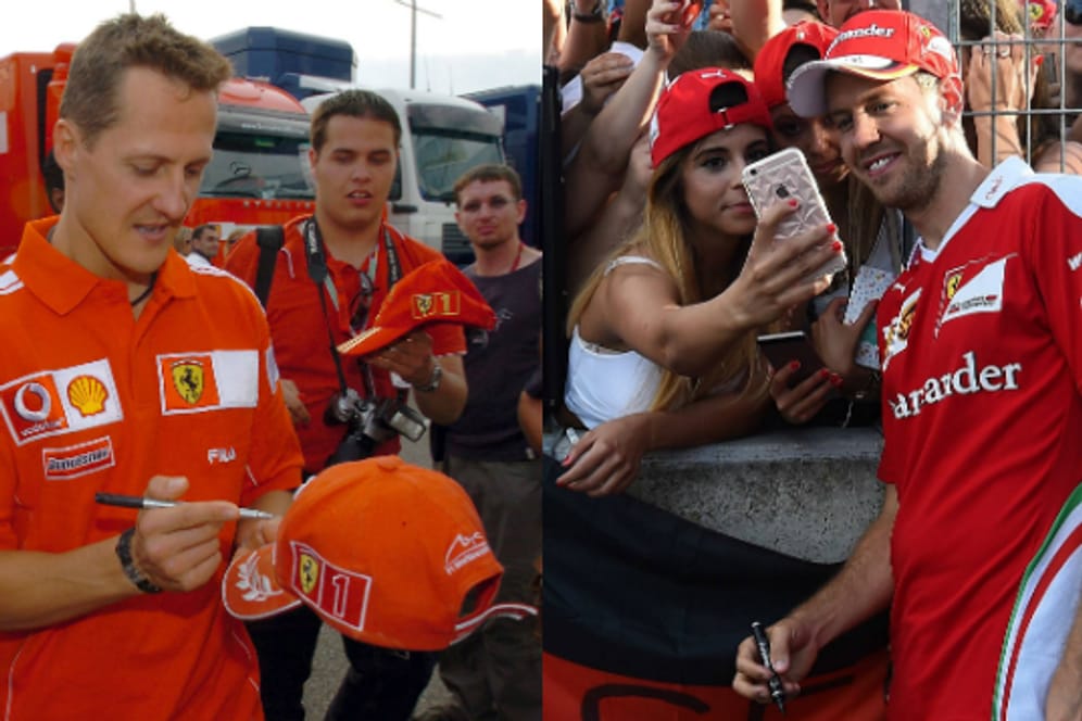 Deutsche Ferrari-Stars mit ihren Fans: Michael Schumacher (li.) 2004, Sebastian Vettel 2016.