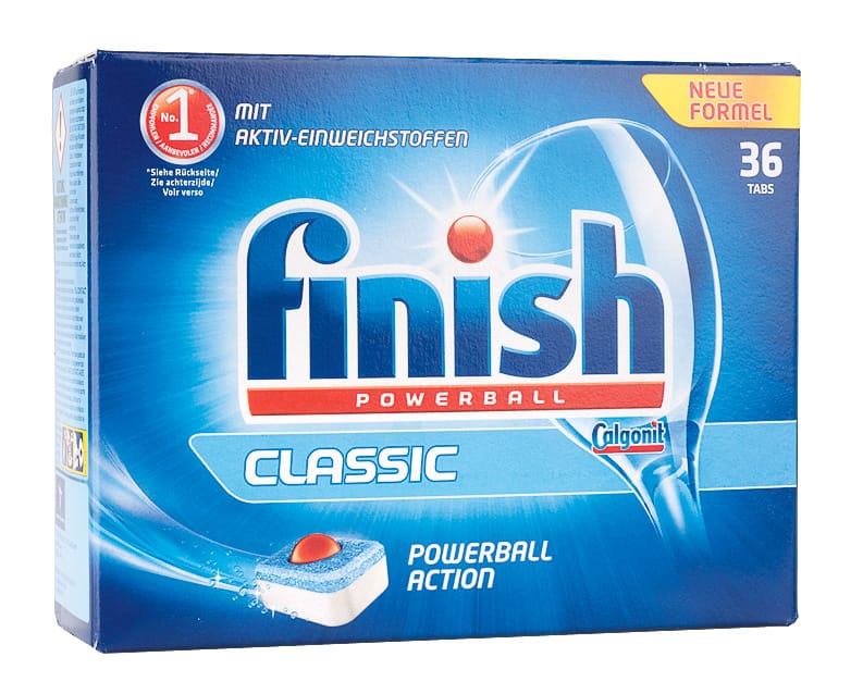 Mit 14 Cent je Spülladung sind die "Finish Powerball Classic Powerball Action"-Tabs von Calgonit ein teueres Markenprodukt. Mit der Note "befriedigend" schnitten sie jedoch nur mittelmäßig ab.