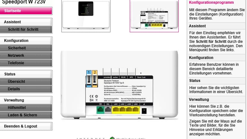 Loggen Sie sich in die Konfigurationsseite des Speedport-Routers ein. Klicken Sie dann ganz unten im Menü auf der linken Seite auf "Laden & Sichern".