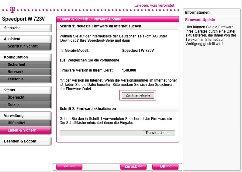 Hier sehen Sie die aktuelle Firmware-Version. Klicken Sie auf den Knopf "Zur Internetseite" um auf die Downloadseite für aktuelle Firmware zu gelangen.