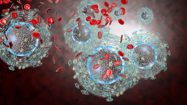 Graphische Darstellung von HI-Viren umgeben von roten Blutzellen.