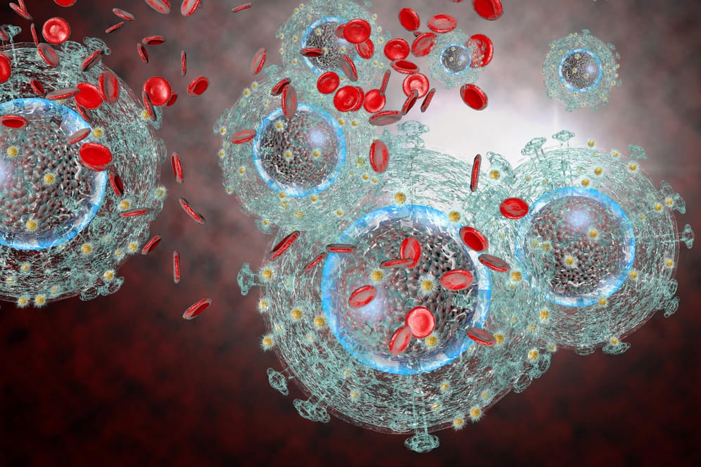 Graphische Darstellung von HI-Viren umgeben von roten Blutzellen.