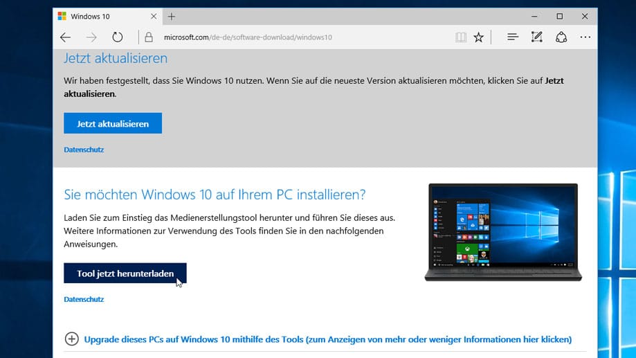 Öffnen Sie den Microsoft-Browser und laden das Media Creation Tool.