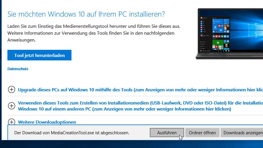 Setup-Assistent für Windows 10 starten.