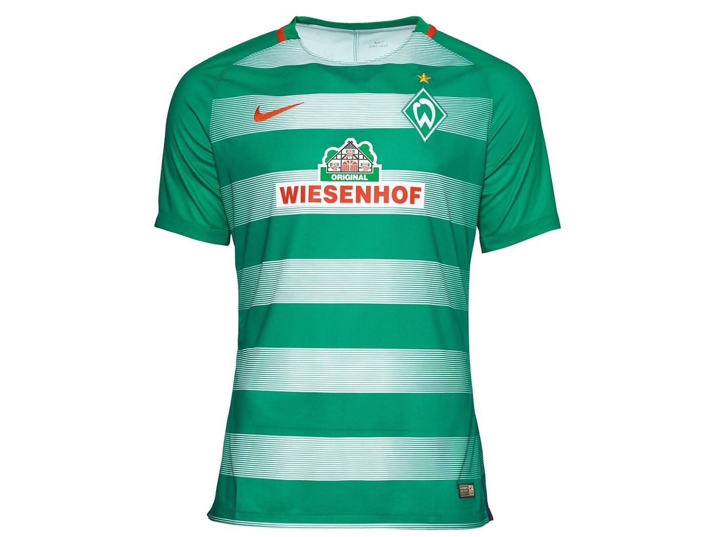Werder Bremen setzt in dieser Saison auf zwei unterschiedliche Grüntöne, die sich in abwechselnd wiederkehrenden Querstreifen voneinander abheben: Ein sattes dunkles grün sowie ein dezentes helles grün schmücken das Trikot der Hanseaten.