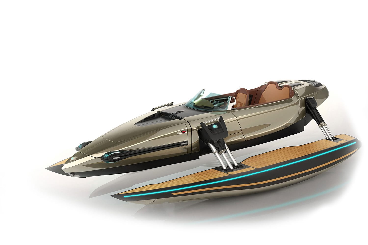 Das innovative Power-Boot Kormaran aus Österreich (um 972.500 Euro) transformiert vom schnellen Katamaran, zum gleitenden Trimaran, zum hydrofoil angetriebenen Überflieger und letztendlich zur relaxten Badeplattform.