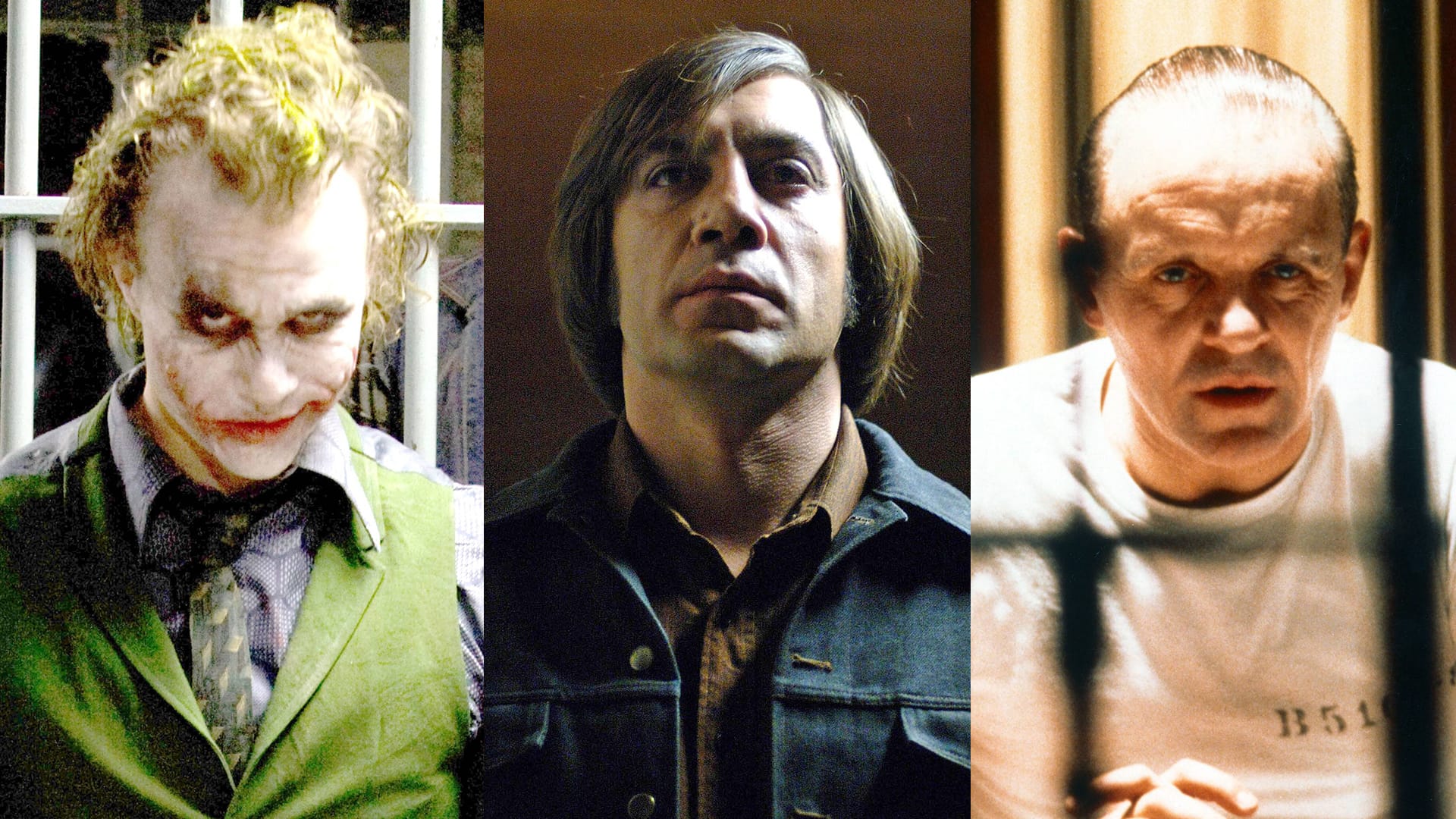 Heath Ledger in "The Dark Knight", Javier Bardem in "No Country for Old Men" und Anthony Hopkins in "Das Schweigen der Lämmer" (l-r).