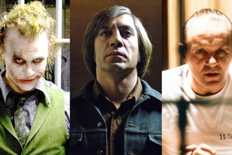 Heath Ledger in "The Dark Knight", Javier Bardem in "No Country for Old Men" und Anthony Hopkins in "Das Schweigen der Lämmer" (l-r).