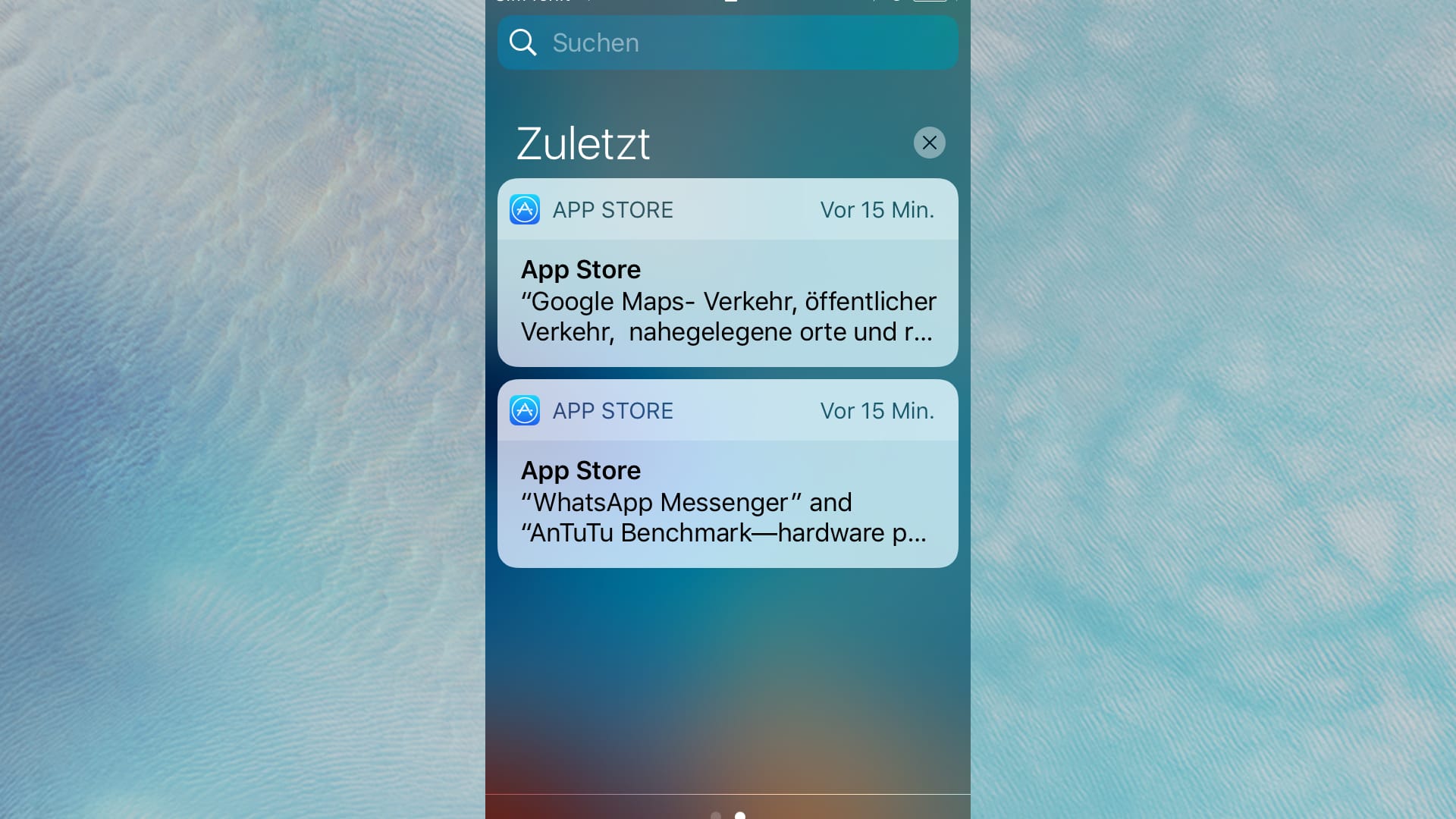 Wischt der Nutzer von oben nach unten, erscheinen die Suchfunktion und die zuletzt verwendeten Apps.