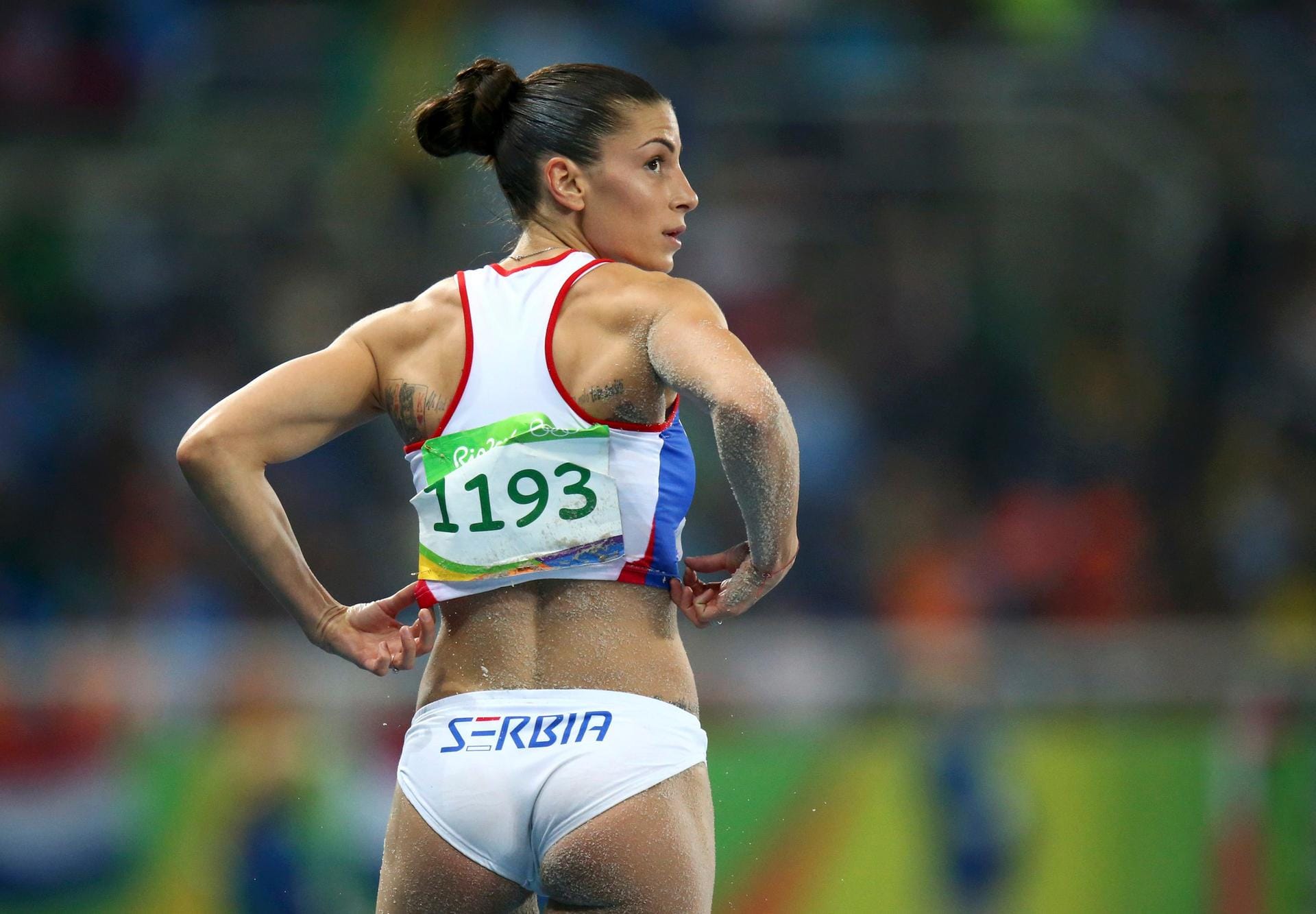 Auch ein schöner Rücken kann entzücken: Weitspringerin Ivana Spanovic aus Serbien gefiel auch mit Leistung. Sie wurde Dritte.