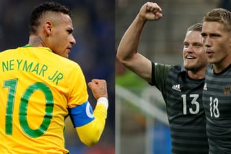 Brisantes Duell: Neymar (links) sinnt mit Brasilien auf Revanche gegen die DFB-Elf (hier Philipp Max und Nils Petersen) für die 1:7-Klatsche bei der WM 2014.