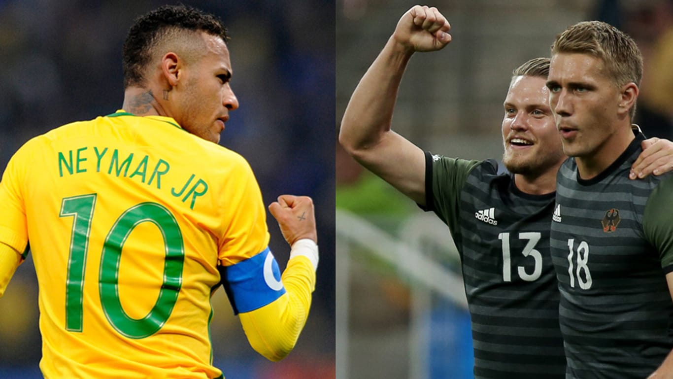 Brisantes Duell: Neymar (links) sinnt mit Brasilien auf Revanche gegen die DFB-Elf (hier Philipp Max und Nils Petersen) für die 1:7-Klatsche bei der WM 2014.