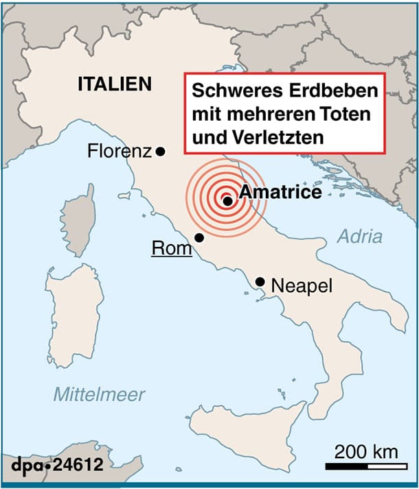 Das Epizentrum des Bebens lag laut Ansa bei Accumoli, ungefähr 150 Kilometer nordöstlich von Rom.