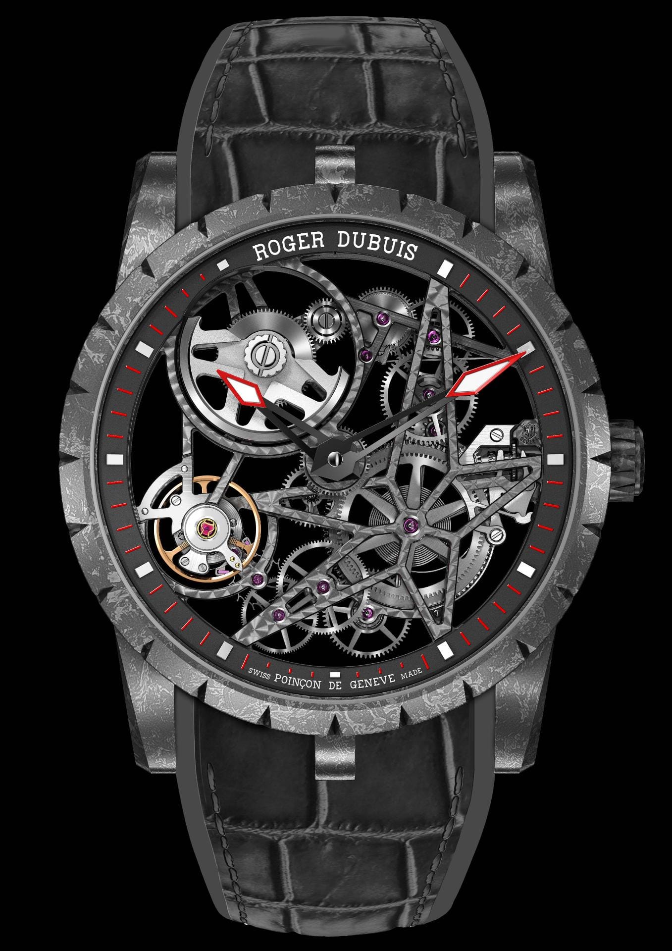 Ein Hingucker ist die Excalibur Automatik Carbon von Roger Dubuis, die auf der SIHH 2016 gezeigt wurde. Sie ist eine Neuauflage des skelletierten Modells von 2015 - allerdings nun mit dem leichten Hightech-Werkstoff Karbon. Rund 70.000 Euro kostet die Uhr.