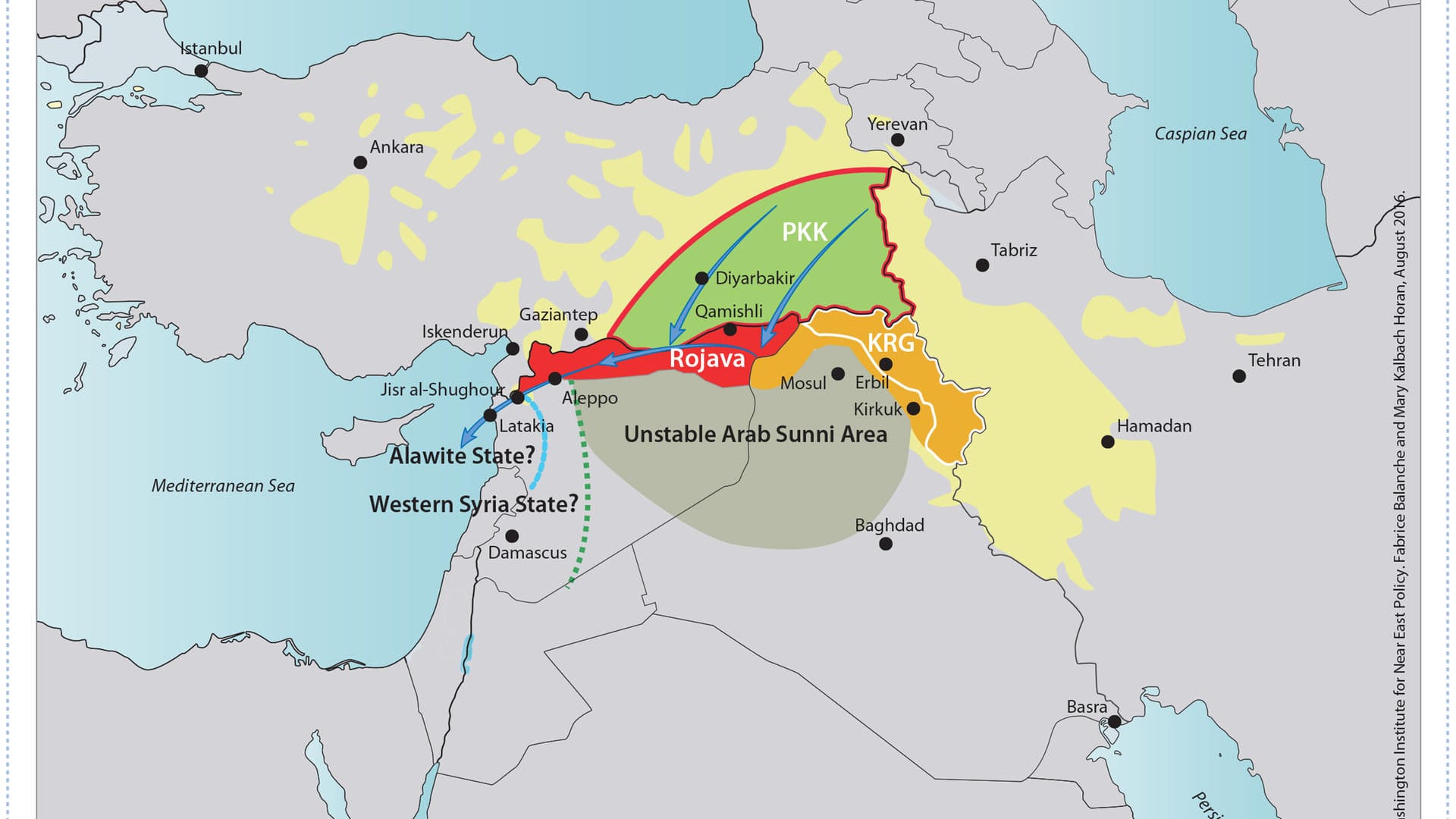 Kurdische Siedlungsgebiete und politische Ansprüche namhafter kurdischer Organisationen.