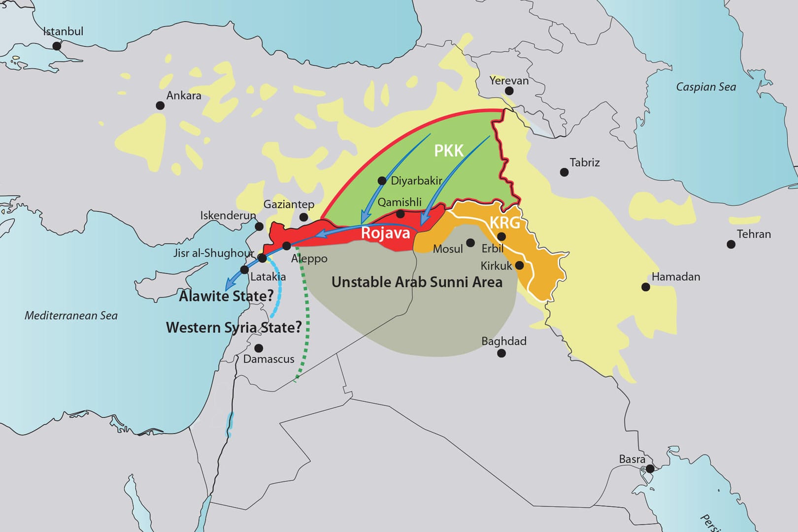 Kurdische Siedlungsgebiete und politische Ansprüche namhafter kurdischer Organisationen.