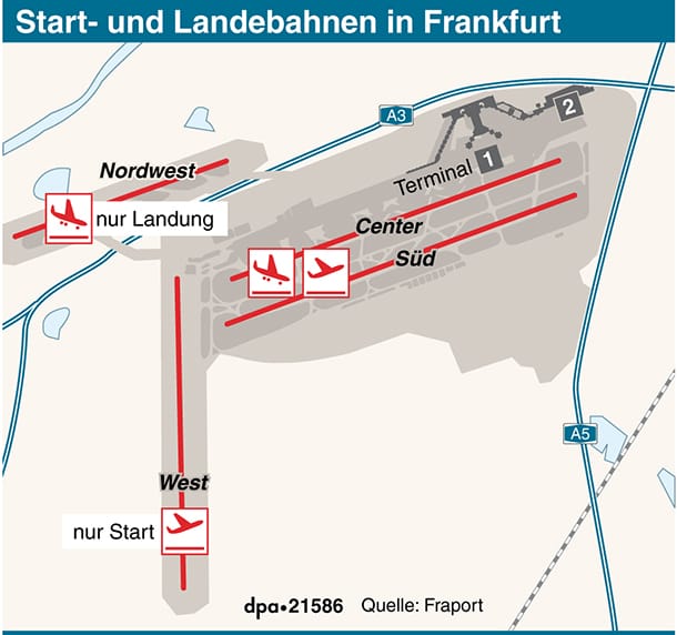 Die Karte zeigt die Lage der Terminals am Frankfurter Flughafen.