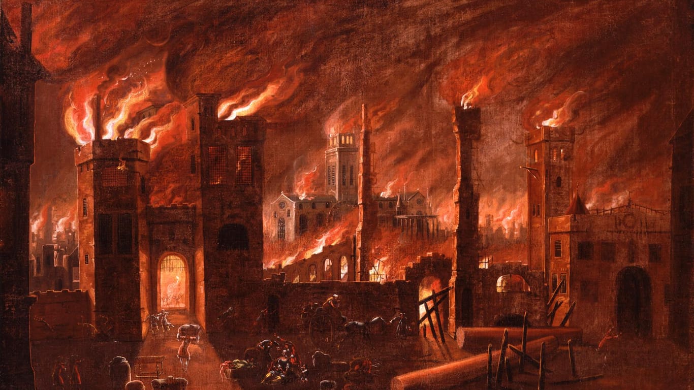Ein Ölgemälde zeigt das Stadttor Newgate während des Großen Feuers von London im Jahr 1666. Der Maler ist unbekannt.
