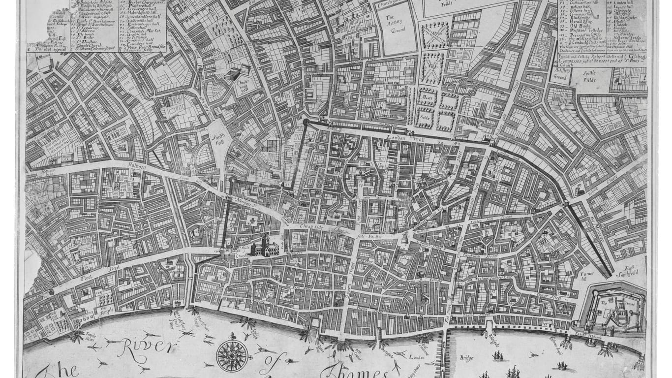 Ein Stadtplan zeigt London im Jahr 1676 nach dem Wiederaufbau nach dem Großen Feuer.