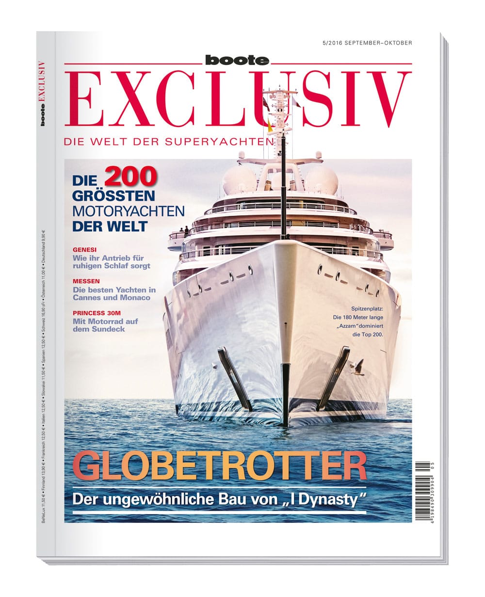 Die komplette Auflistung der größten Motoryachten der Welt zeigt die aktuelle Ausgabe des Magazins "Boote Exclusiv". Das Heft gibt es für 9,90 Euro im Handel.
