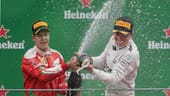 Deutsche Sektlaune: Sebastian Vettel und Landsmann Nico Rosberg begießen ihren Erfolg in Monza.