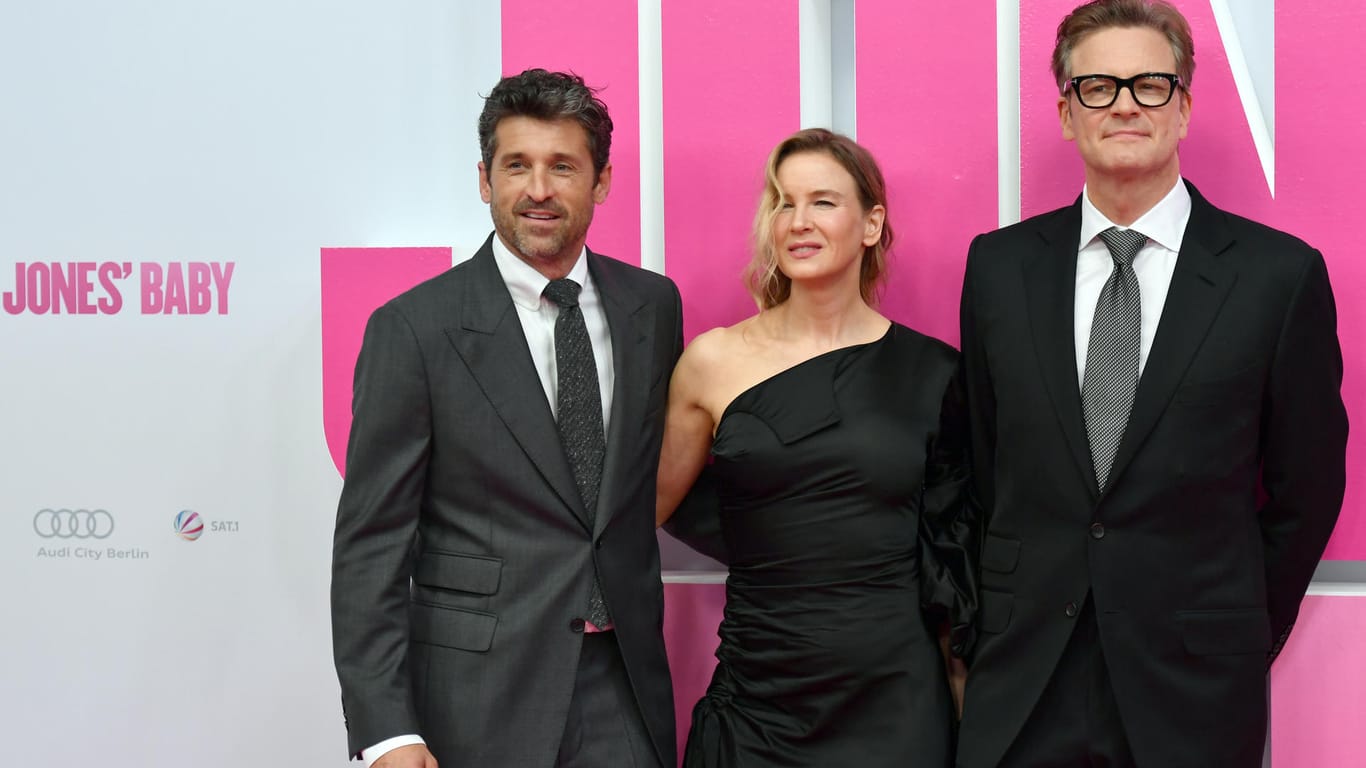 Auch ihre beiden Co-Stars Patrick Dempsey (l.) und Colin Firth brachte die Oscarpreisträgerin mit nach Berlin.