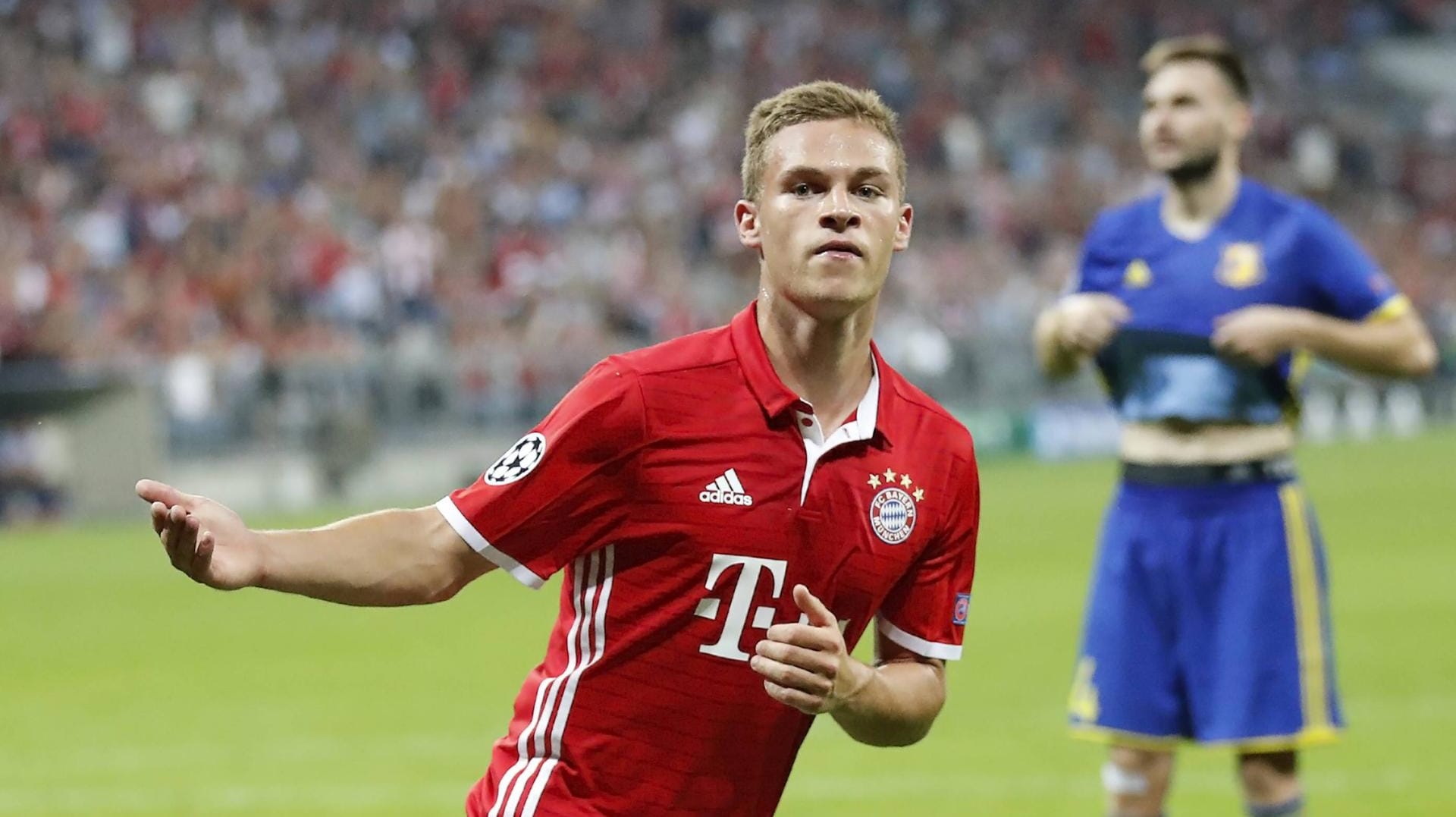 Joshua Kimmich bejubelt sein Tor zum 4:0 gegen den FK Rostow. Joshua Kimmich bejubelt sein Tor zum 4:0 gegen den FK Rostow.
