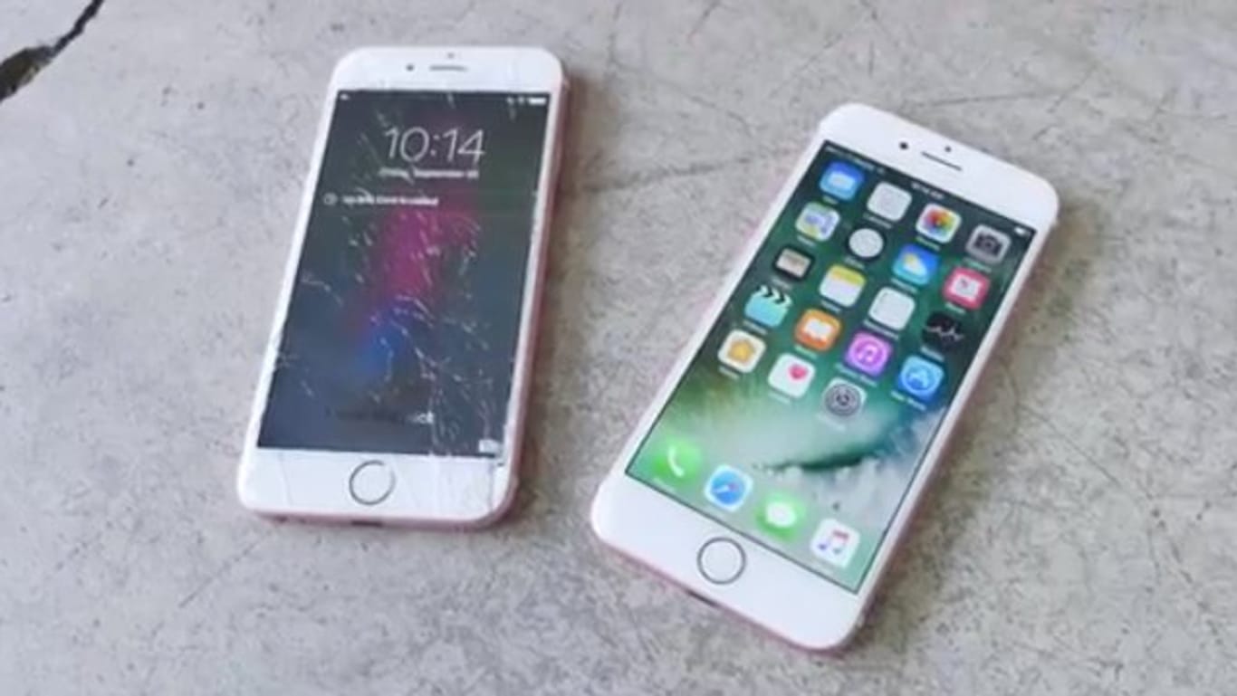 iPhone 6s (l.) und iPhone 7 nach einem Falltest