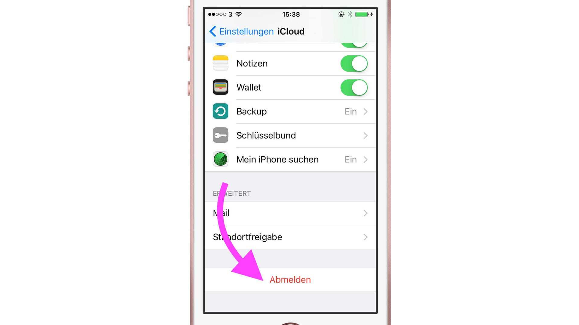 Zuerst in den iOS-Einstellungen unter iCloud die Abmelden-Funktion aufrufen.