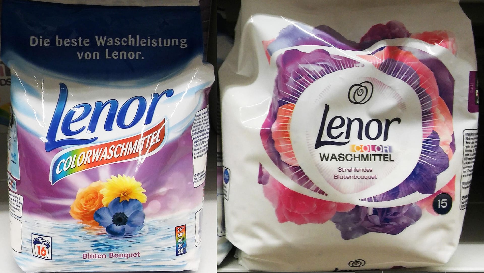 Links das alte Pulver-Waschmittel von Lenor - rechts das neue.