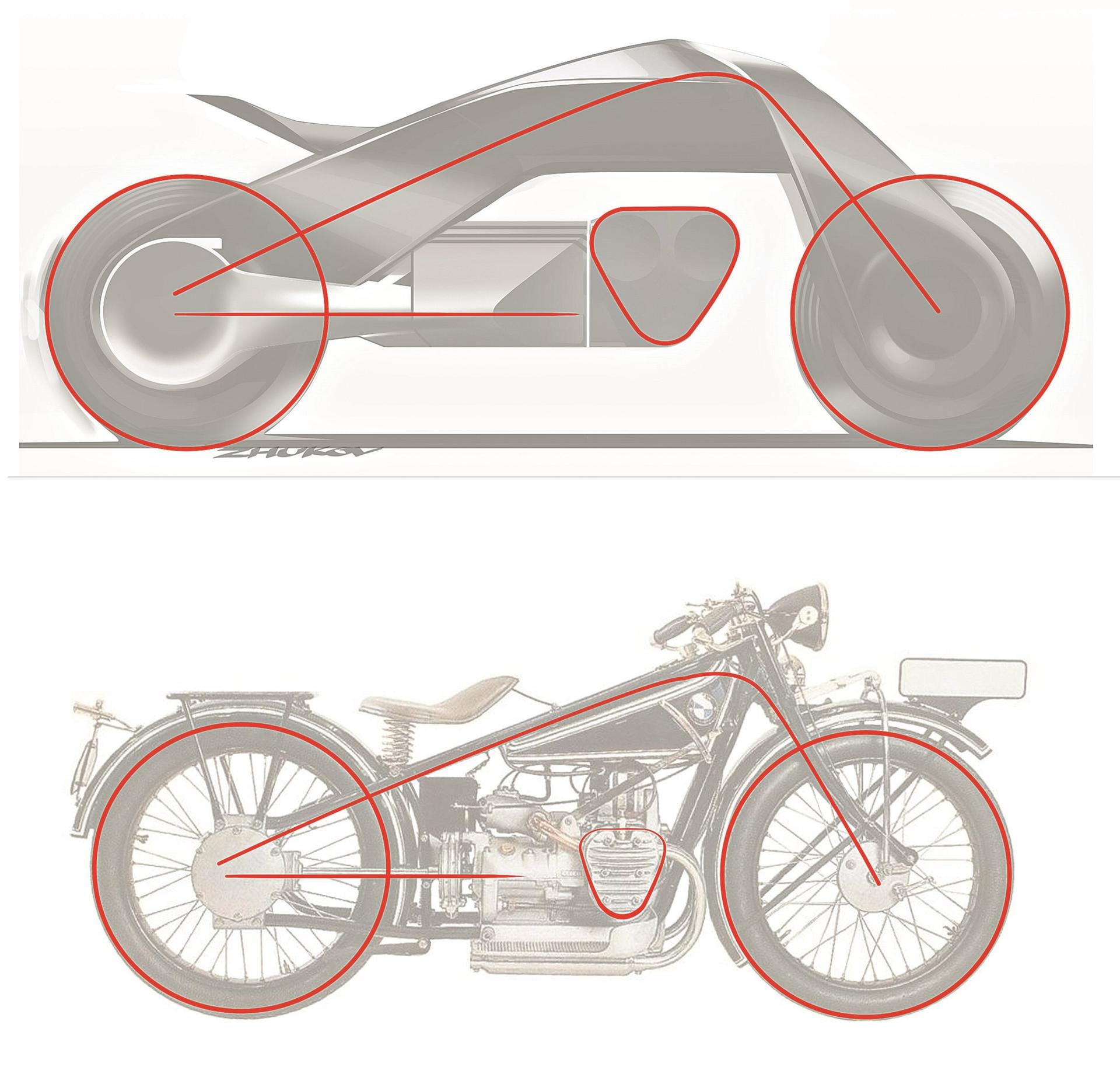Wer die Zeichnungen beider Fahrzeuge (unten ist die BMW R32 aus den 20er-Jahren) zusammen betrachtet, mag nicht einmal widersprechen.