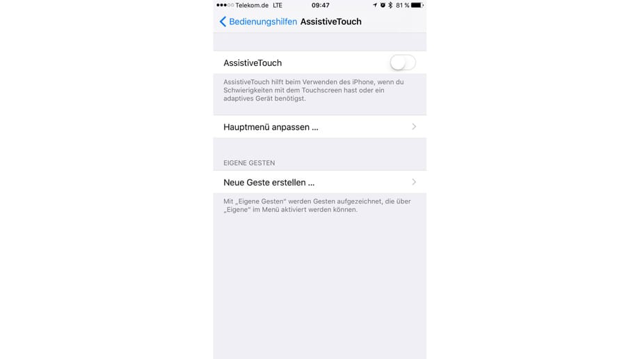 In den Einstellungen von iOS 10 ist die die Funktion "AssistiveTouch" unter "Allgemein/Bedienungshilfen" zu finden.