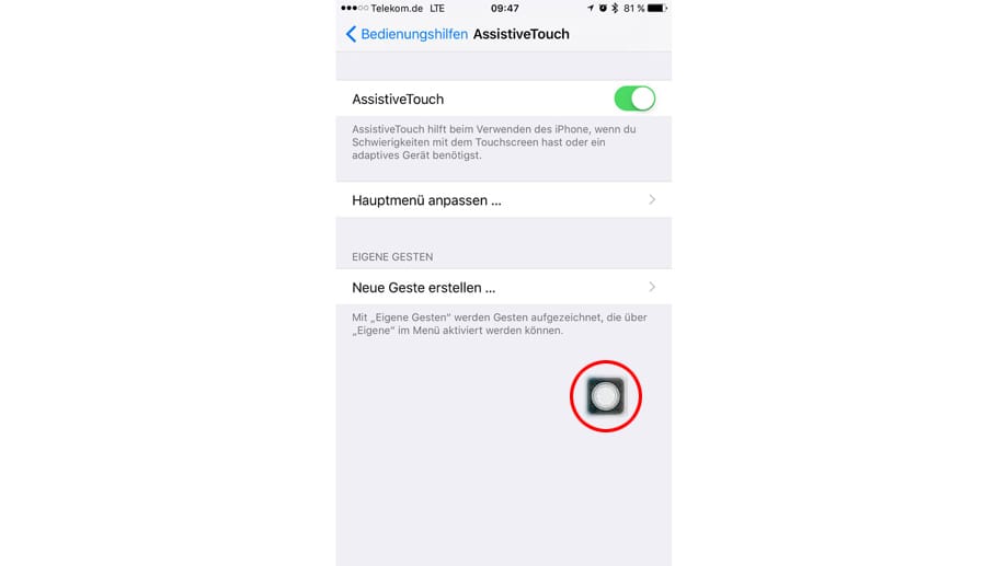 Ist die Funktion aktiviert, taucht sie als halbtransparenter Button auf dem iPhone-Display auf.