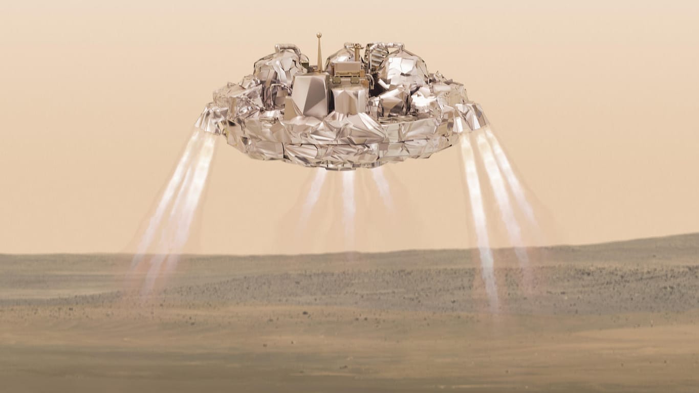 Die Illustration zeigt das Schiaparelli-Modul kurz der Landung auf der Oberfläche des Mars.