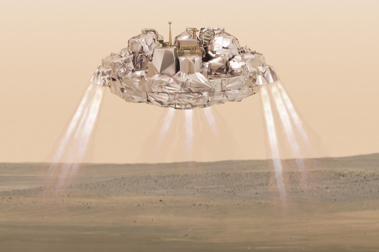 Die Illustration zeigt das Schiaparelli-Modul kurz der Landung auf der Oberfläche des Mars.