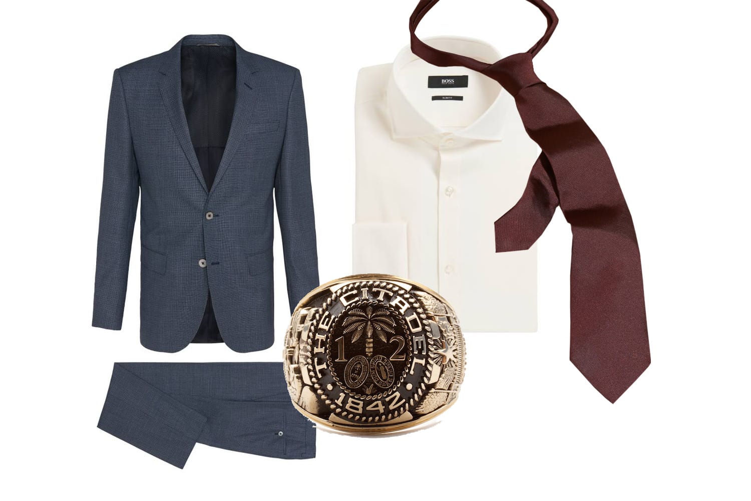 Der Anzug Hugo Boss Made-to-Measure (ab 1.700 Euro), dazu unbedingt eine breite rote Krawatte (Burberry 155 Euro), ein schneeweißes Hemd (Hugo Boss um 109 Euro) und der markante Siegelring (etwa 950 Euro gesehen bei Citadelalumni.com).