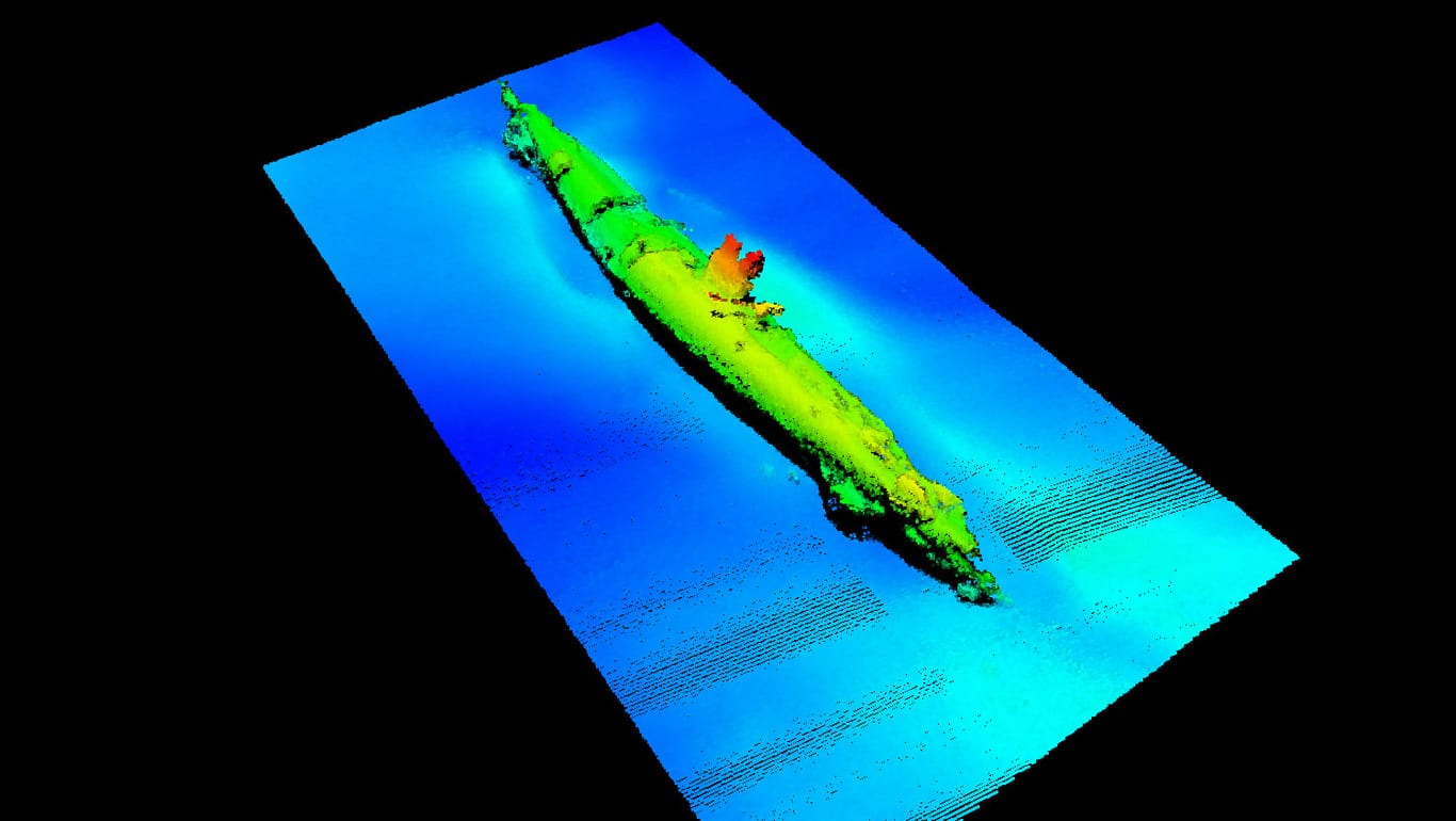 Die Sonaraufnahme zeigt ein gesunkenes U-Boot-Wrack in der Irischen See. Ist es das Wrack der UB-85 aus dem Ersten Weltkrieg?