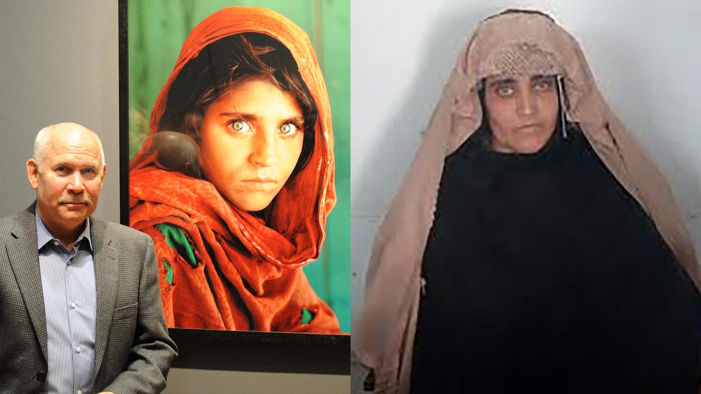 Der amerikanische Fotograf Steve McCurry vor seiner berühmten Aufnahme von Sharbat Gula im Kunstmuseum in Wolfsburg. Heute befindet sich die Afghanin in Haft in Pakistan - das rechte Bild zeigt sie vor einer Anhörung in Peshawar.