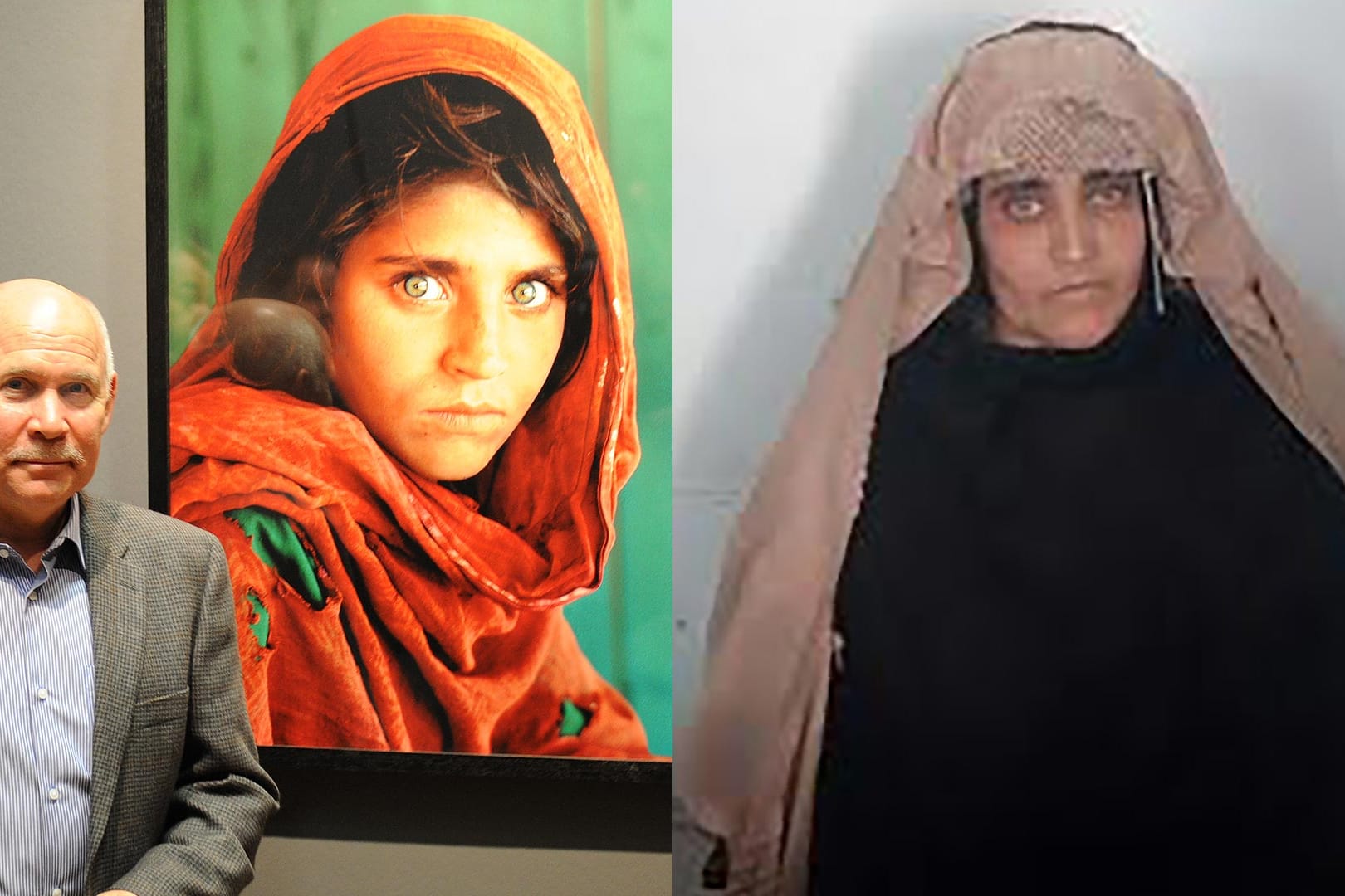 Der amerikanische Fotograf Steve McCurry vor seiner berühmten Aufnahme von Sharbat Gula im Kunstmuseum in Wolfsburg. Heute befindet sich die Afghanin in Haft in Pakistan - das rechte Bild zeigt sie vor einer Anhörung in Peshawar.