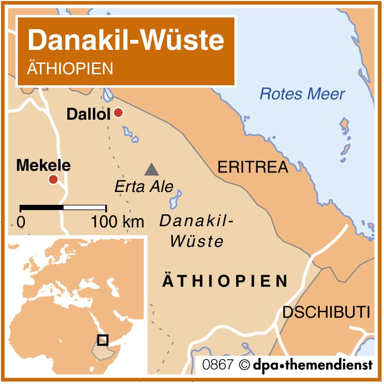 Die Danakil-Wüste liegt im Norden Äthiopiens und ist einer der heißesten Orte der Welt. Geführte Touren gibt es zwar, doch sie bergen ein gewisses Risiko. Das Auswärtige Amt etwa rät von Reisen in die Region ab.