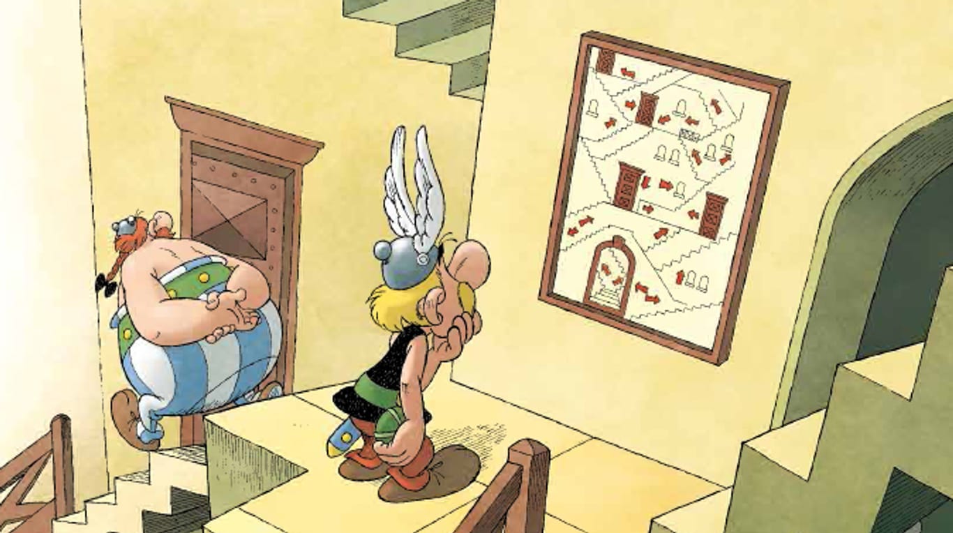Das Handout des Verlags Egmont Ehapa zeigt Asterix und Obelix, die den Passierschein A38 im Comic "Asterix erobert Rom" beschaffen wollen.