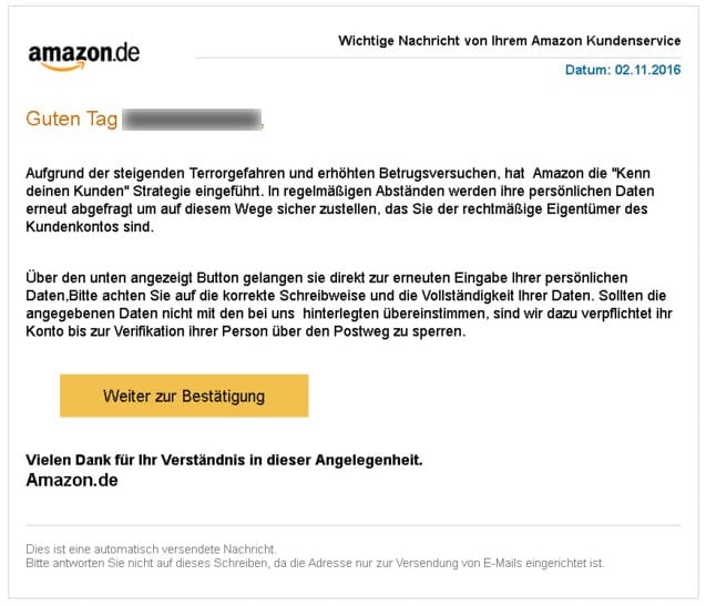 Screenshot einer gefälschten Amazon-Phishingmail. (Quelle: Screenshot t-online.de)
