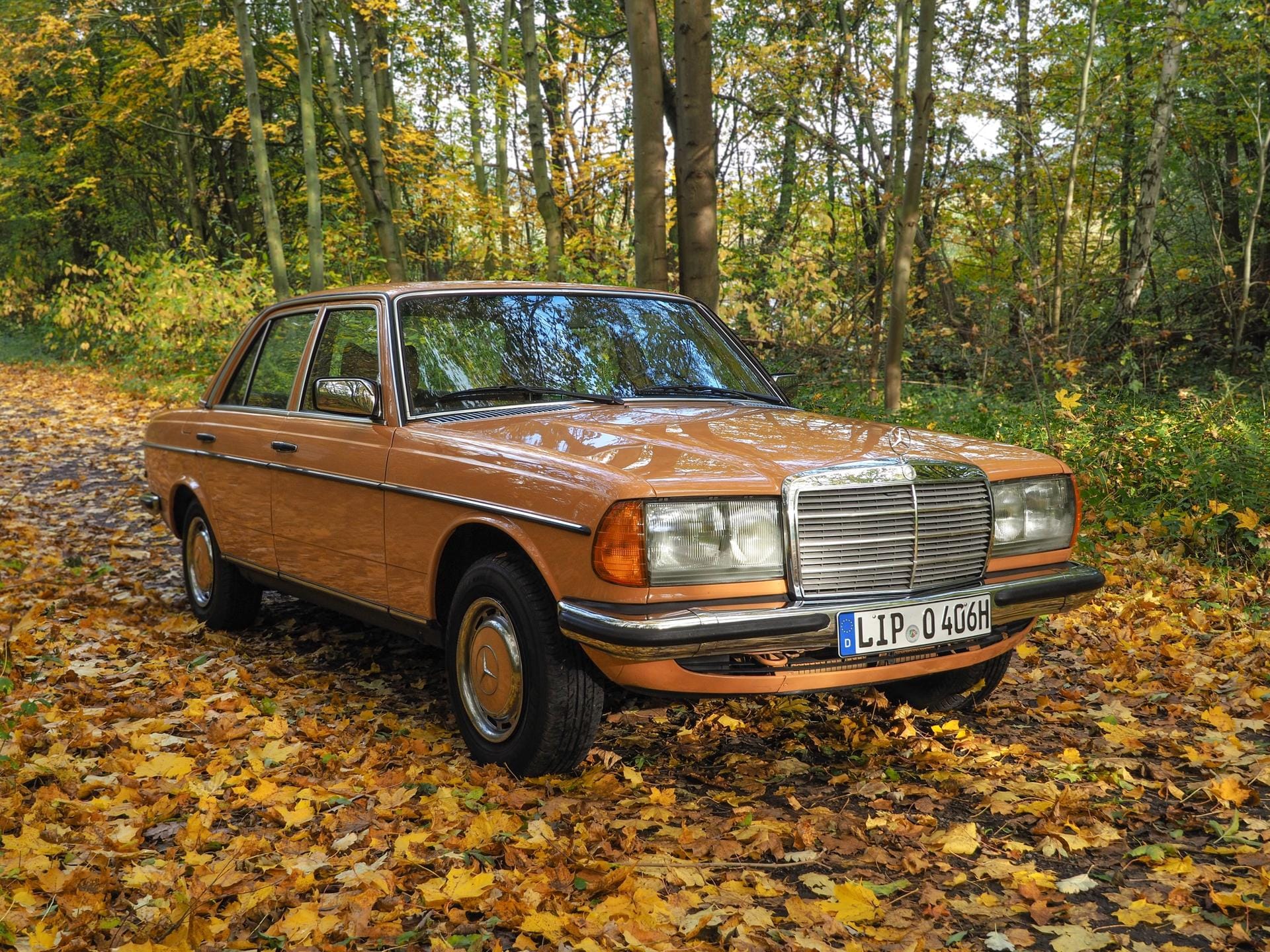 Der Testwagen ist ein Mercedes 280 E von 1978 - in der seltenen Farbe Cayenne Orange (Code 906).