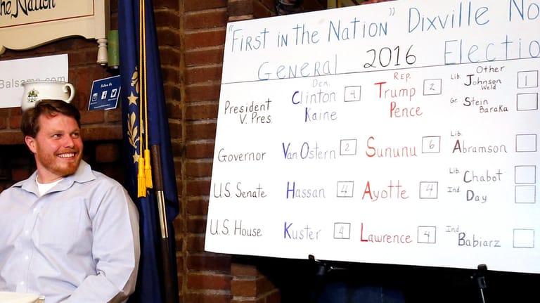 Voter Clay Smith smiles as he looks over the final tally on the board after voting in the U.S. presidential election at midnight in tiny Dixville NotchDie allerersten Ergebnisse der US-Präsidentschaftswahl: Wie auf der handgeschriebenen Tafel zu sehen ist, hat im Örtchen Dixville Notch Hillary Clinton mit 4 zu 2 Stimmen die Nase vor Trump.