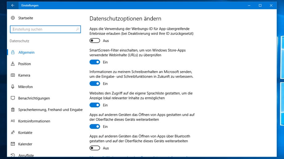 Datenschutzoptionen in Windows 10 ändern.