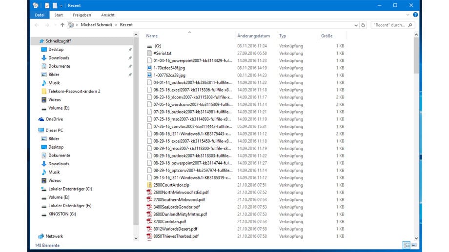 Es öffnet sich der sogenannte Verlaufsordner, der alle Dateien anzeigt, die Sie in den letzten Tagen oder Wochen geöffnet hatten.