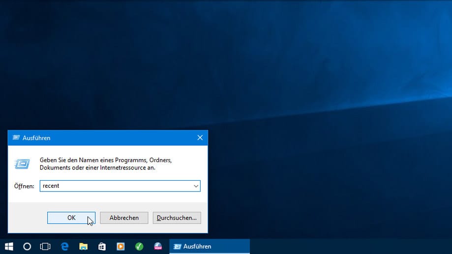 In das "Ausführen-Fenster" tippen Sie das Wort "recent" ein und drücken die Eingabe-Taste.